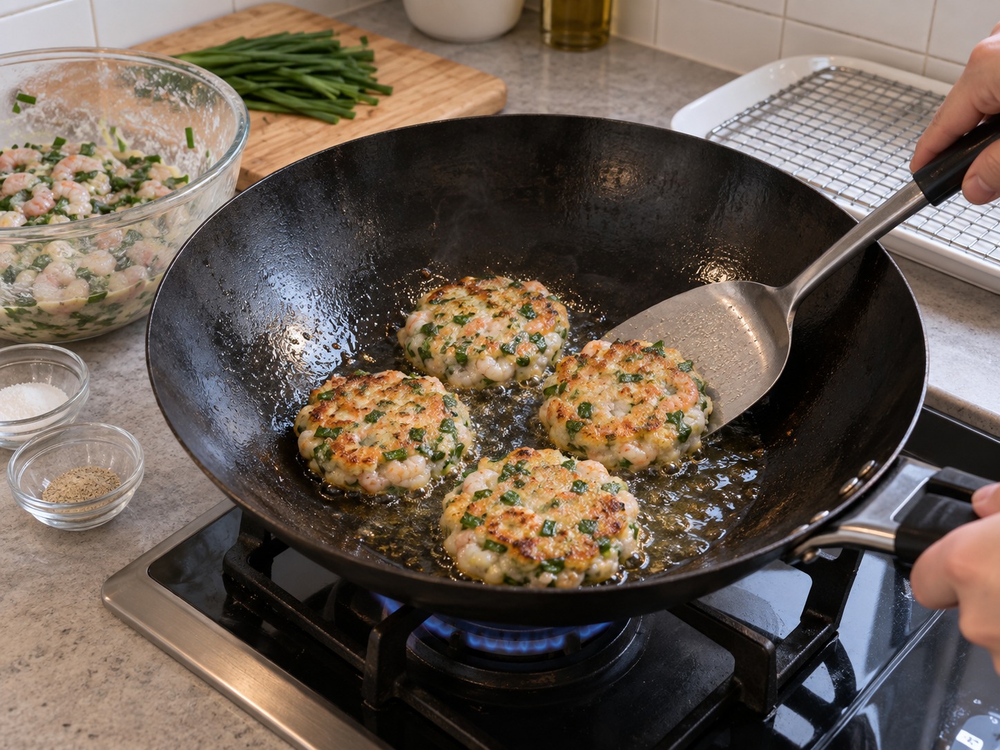 Cantonese Pan-Fried Chive Shrimp Cakes — Fry the first side three to four minutes until set and golden