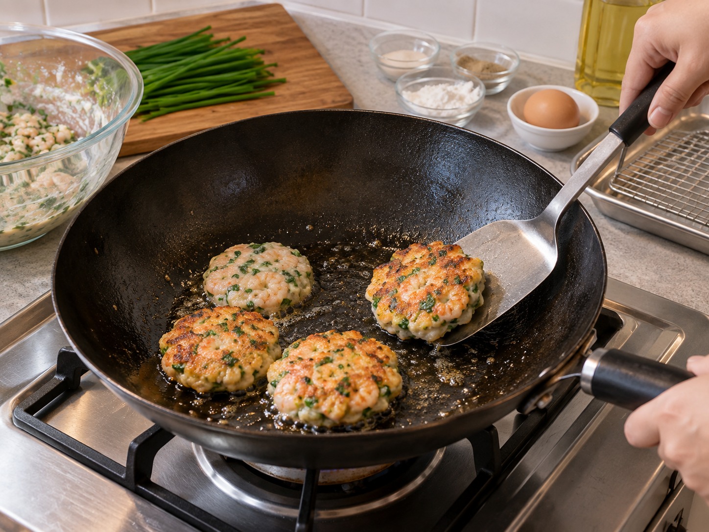 Cantonese Pan-Fried Chive Shrimp Cakes — Turn and fry about three minutes until the second side is golden