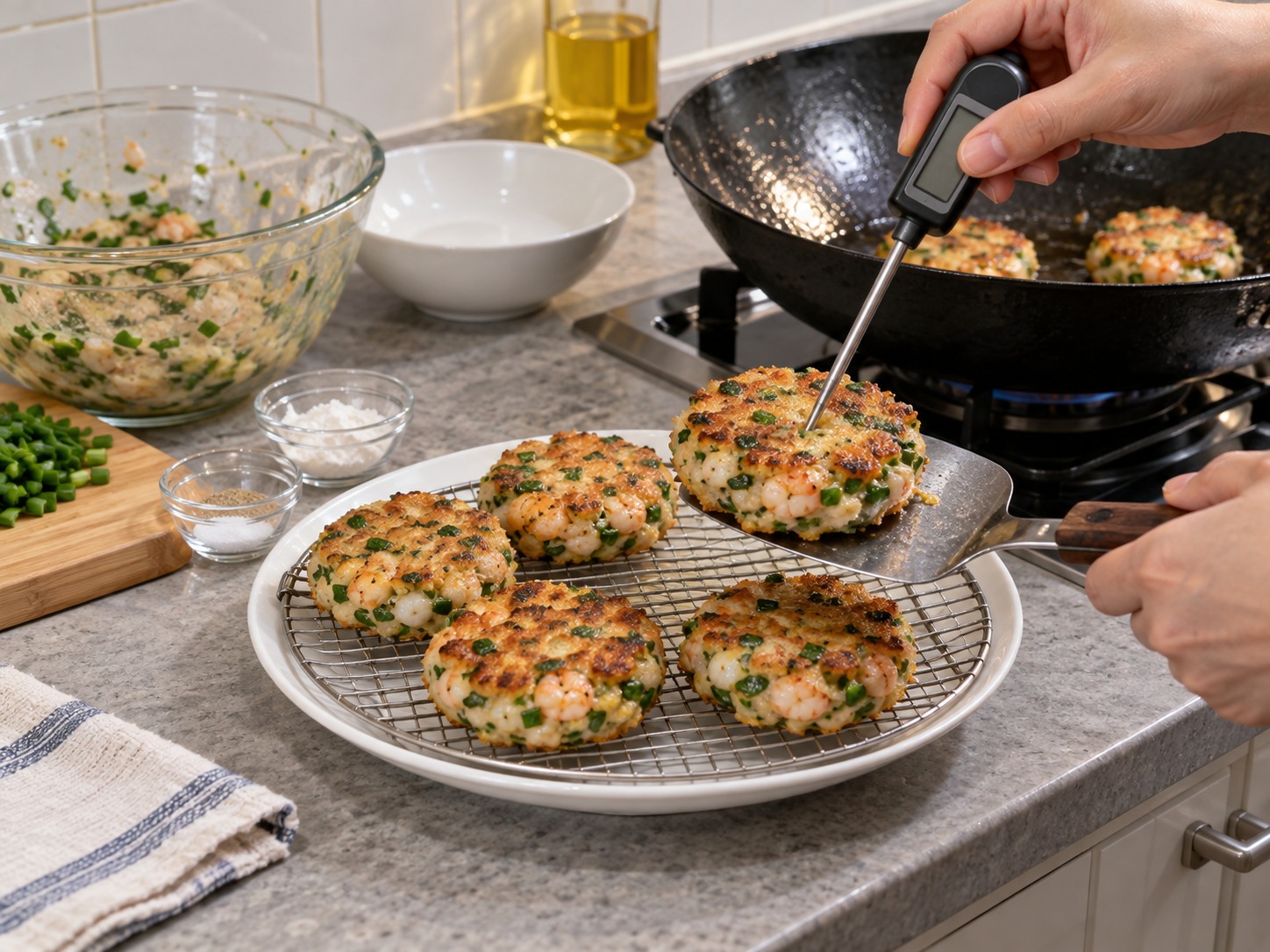 Cantonese Pan-Fried Chive Shrimp Cakes — Once the shrimp cakes reach at least 74°C at the centre, drain and serve