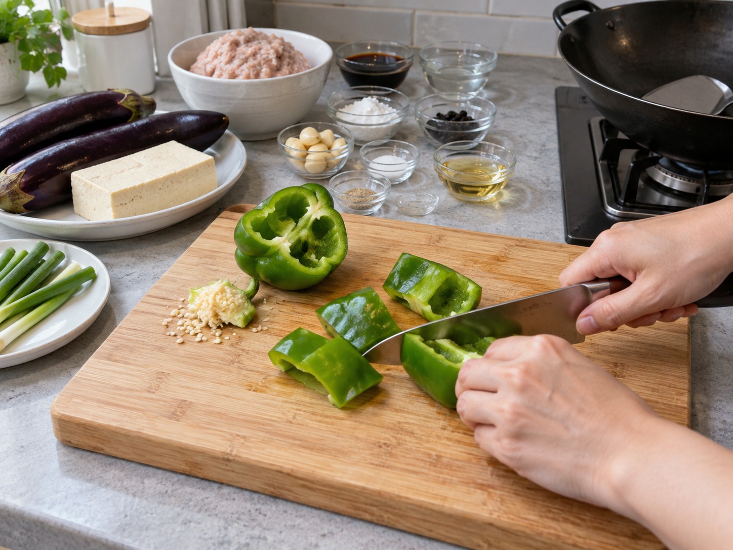 Cantonese Pan-Fried Stuffed Three Treasures — Seed the bell pepper and cut it into wide pieces