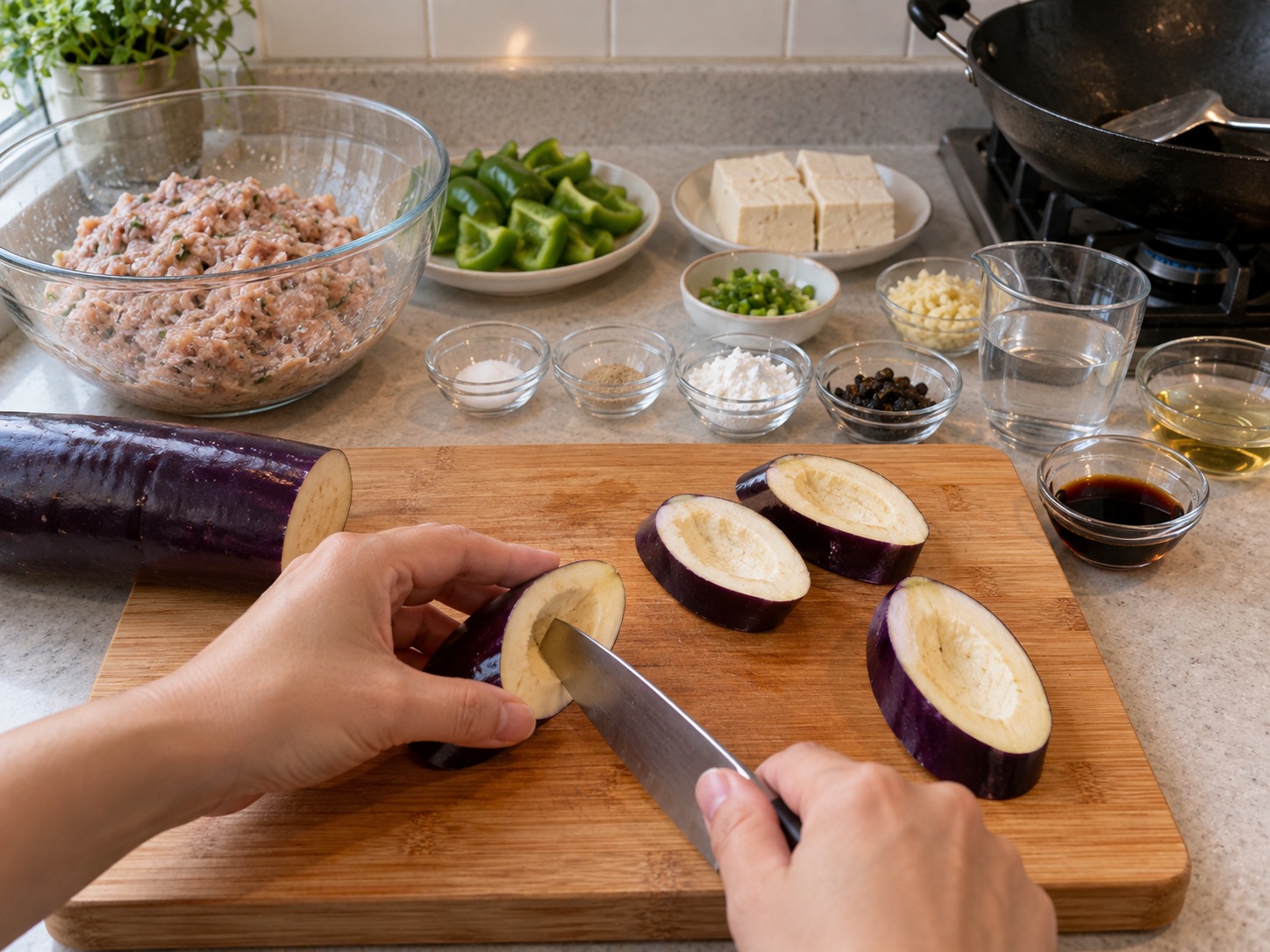 Cantonese Pan-Fried Stuffed Three Treasures — Slice eggplant thickly on the diagonal and cut a pocket in each piece
