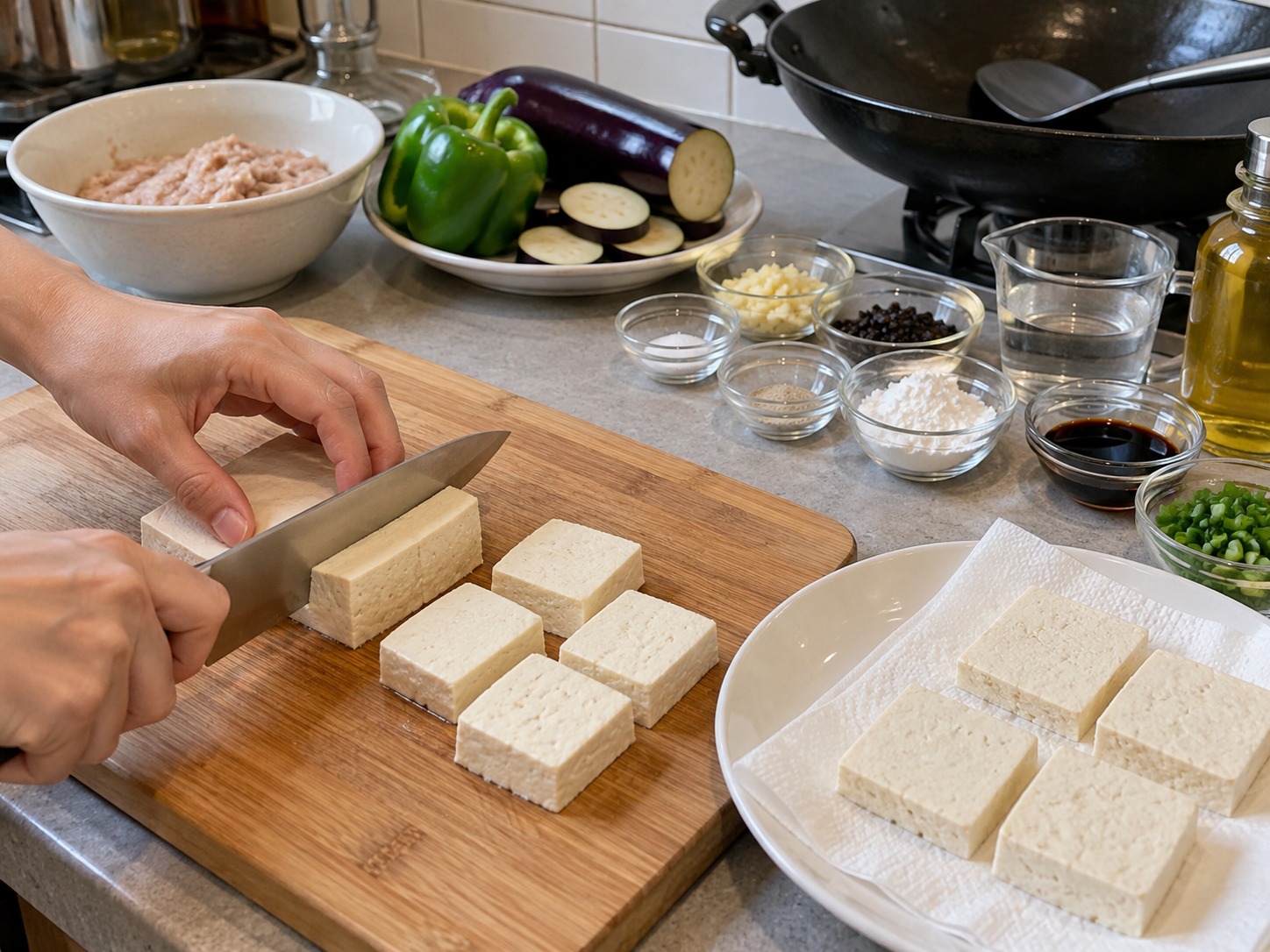 Cantonese Pan-Fried Stuffed Three Treasures — Cut tofu into thick squares and pat the surfaces dry