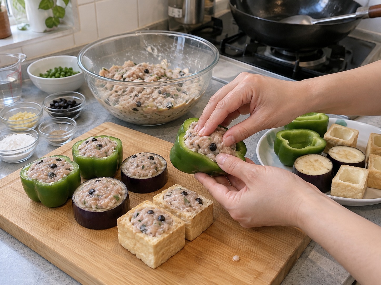 Cantonese Pan-Fried Stuffed Three Treasures — Press fish paste firmly into the pepper, eggplant and tofu