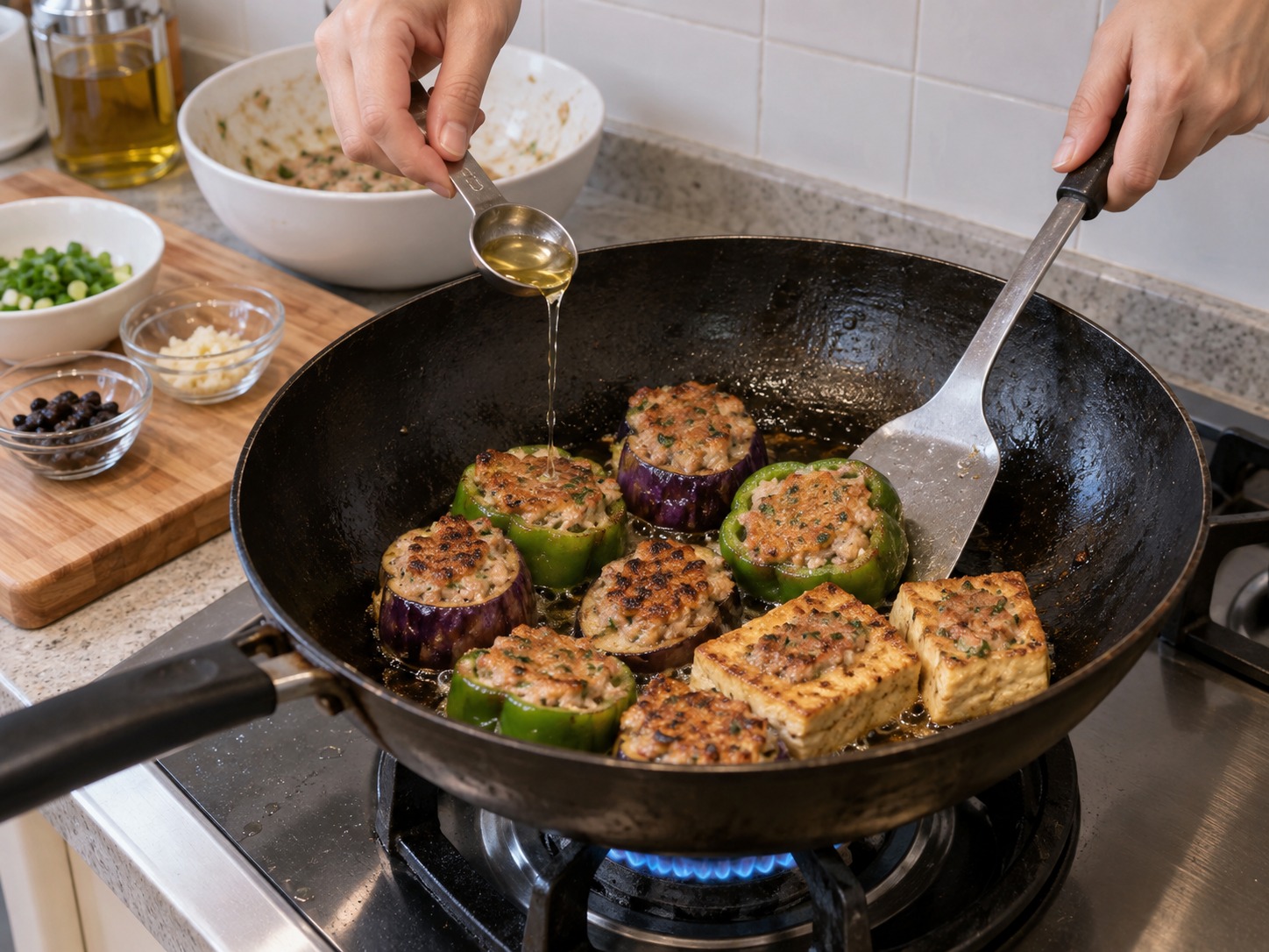 Cantonese Pan-Fried Stuffed Three Treasures — Turn, add one tablespoon of oil and cook for three more minutes