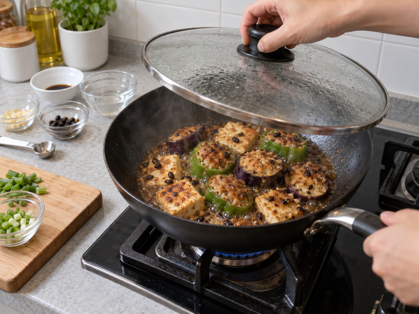 Cantonese Pan-Fried Stuffed Three Treasures — Add light soy sauce and water, cover and cook for four minutes