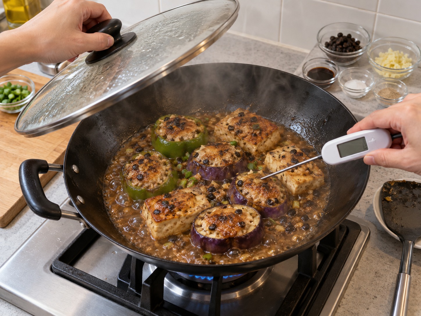 Cantonese Pan-Fried Stuffed Three Treasures — Uncover and reduce the sauce once the fish centre reaches 74°C