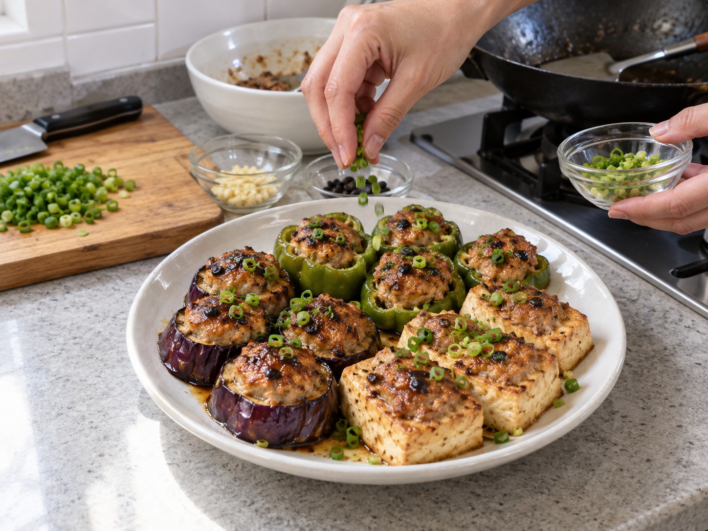 Cantonese Pan-Fried Stuffed Three Treasures — Scatter spring onion and plate all three stuffed vegetables
