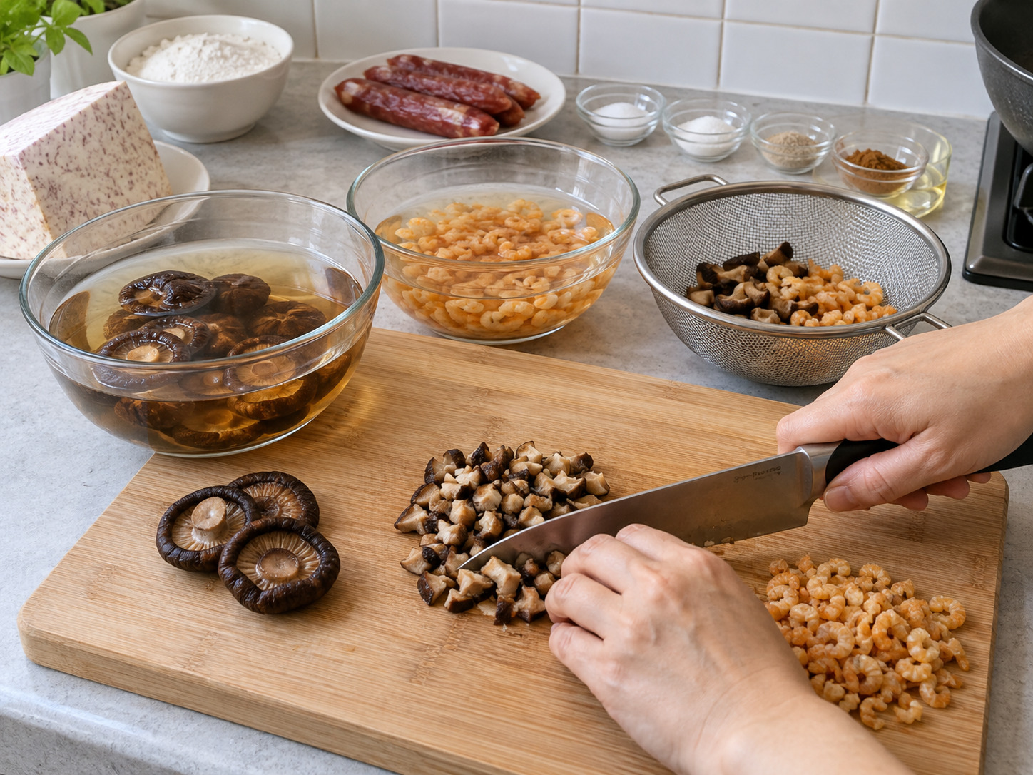 Cantonese Pan-Fried Taro Cake — Soak the mushrooms and dried shrimp in warm water, drain and dice