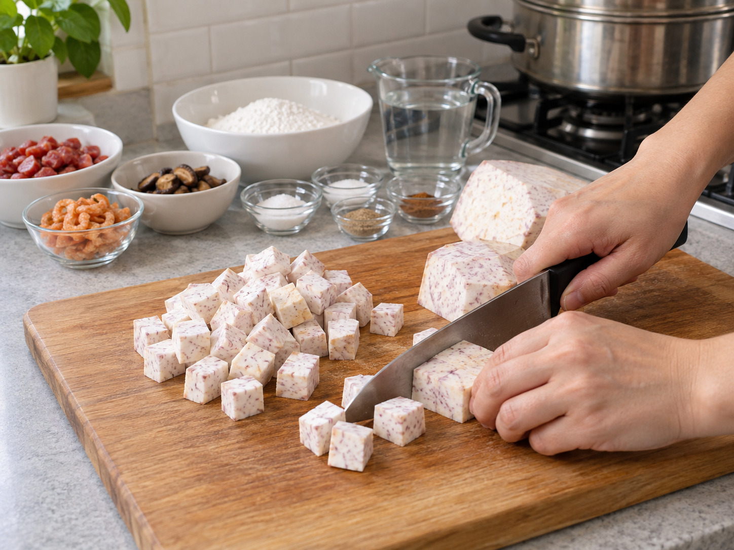 Cantonese Pan-Fried Taro Cake — Peel the taro and cut it into one-centimetre cubes