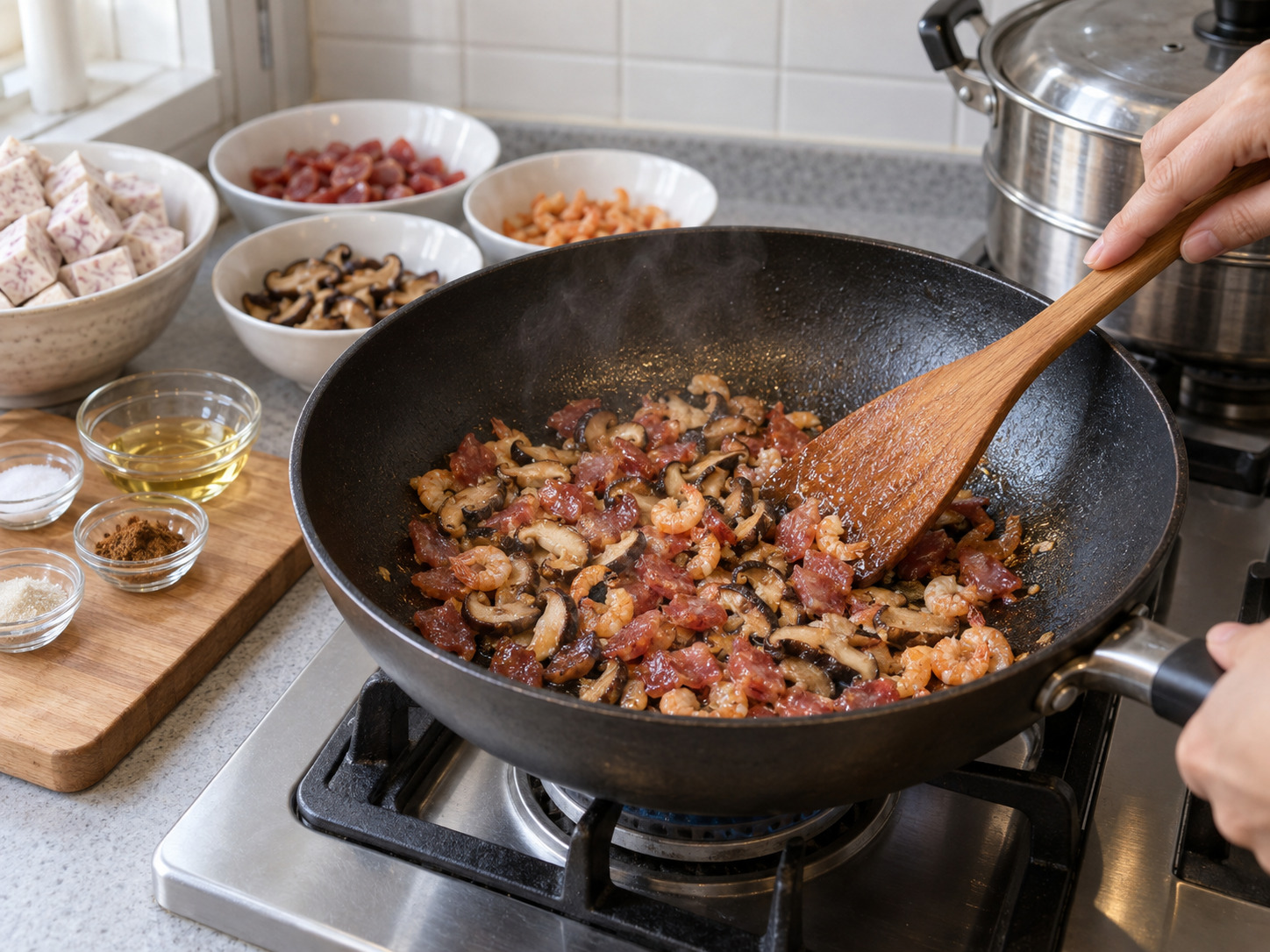 Cantonese Pan-Fried Taro Cake — Heat one tablespoon of oil and fry the sausage, mushrooms and shrimp until fragrant