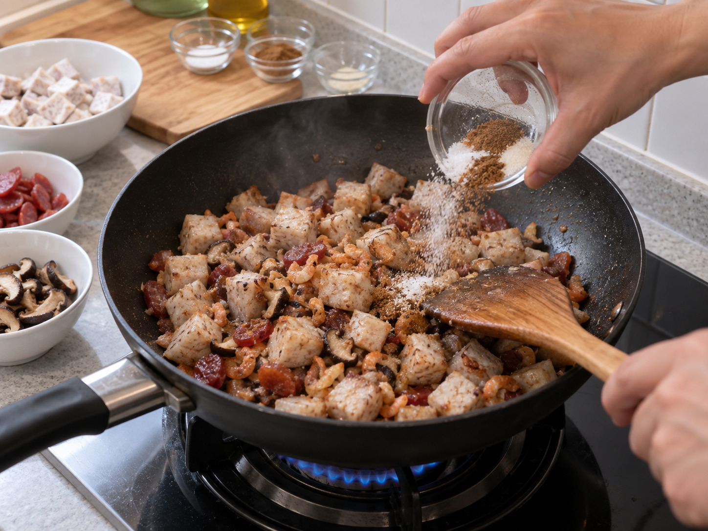 Cantonese Pan-Fried Taro Cake — Add the taro and fry for three minutes, then mix in the seasonings