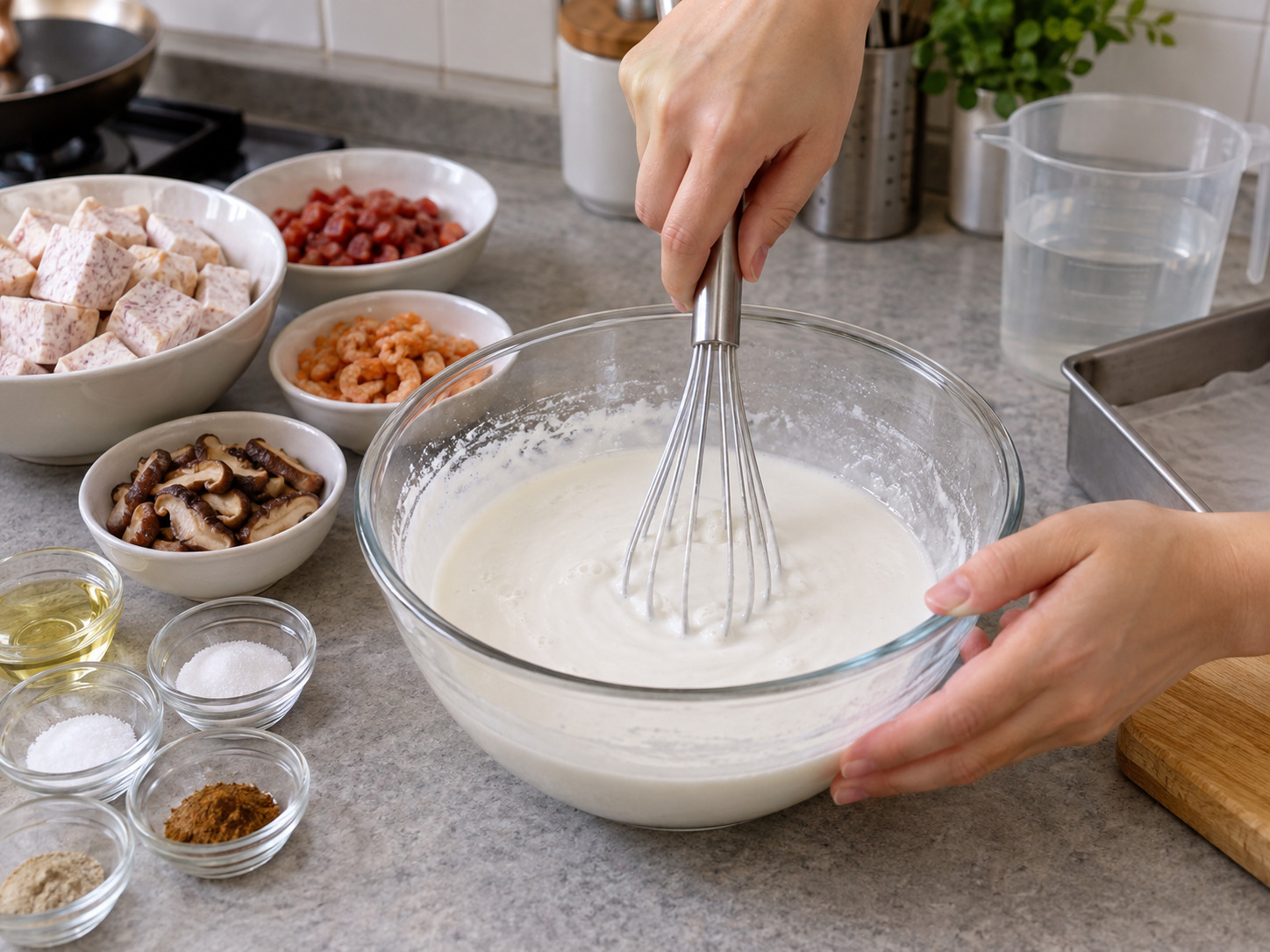 Cantonese Pan-Fried Taro Cake — Whisk the rice flour and water into a smooth batter