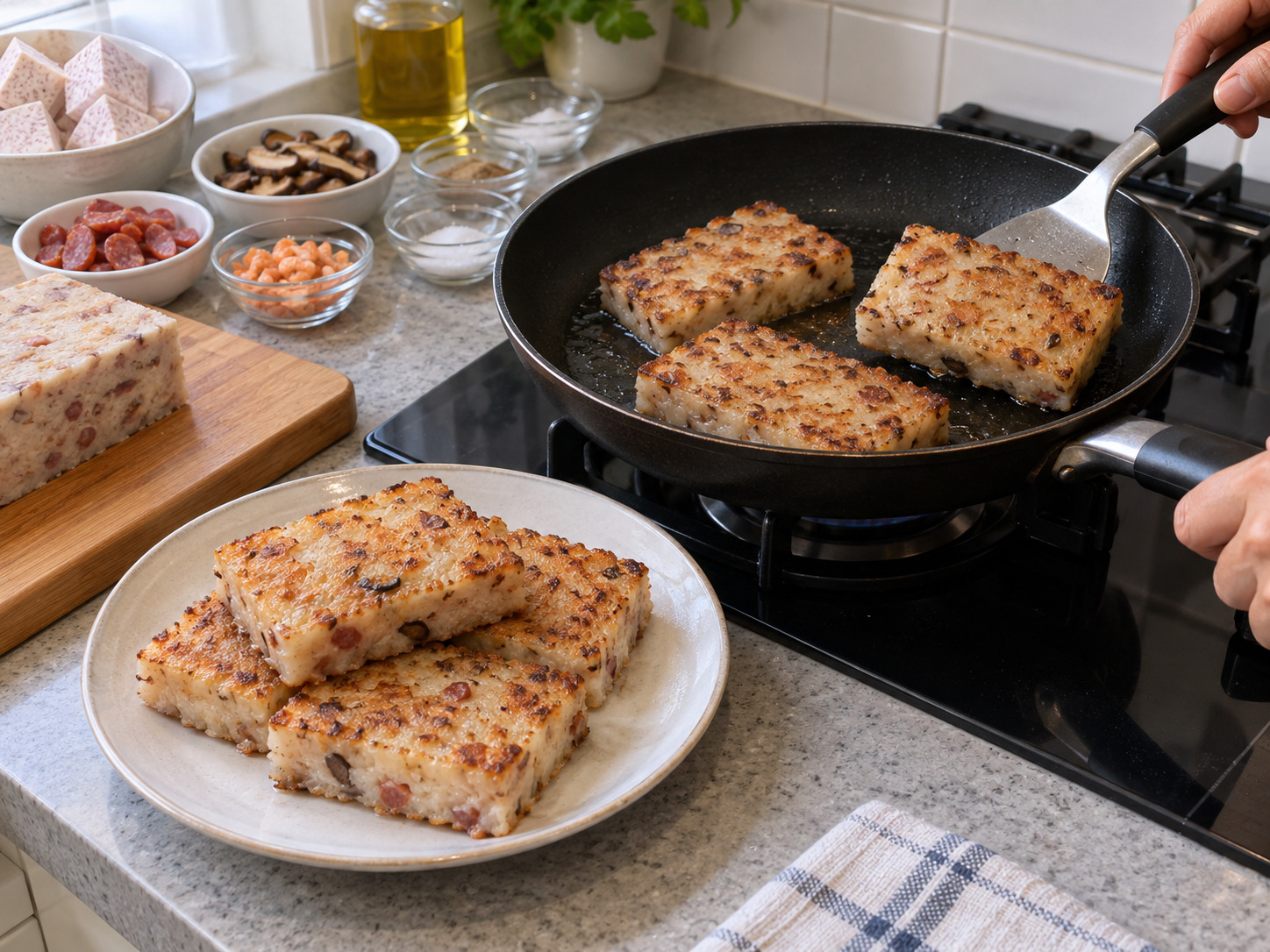 Cantonese Pan-Fried Taro Cake — Fry for three minutes per side until golden and crisp, then serve hot