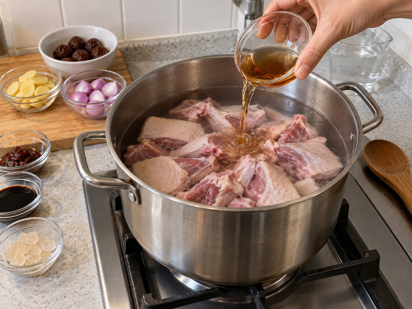 梅子炆鴨 — 冷水下鴨件,加入紹興酒煮滾