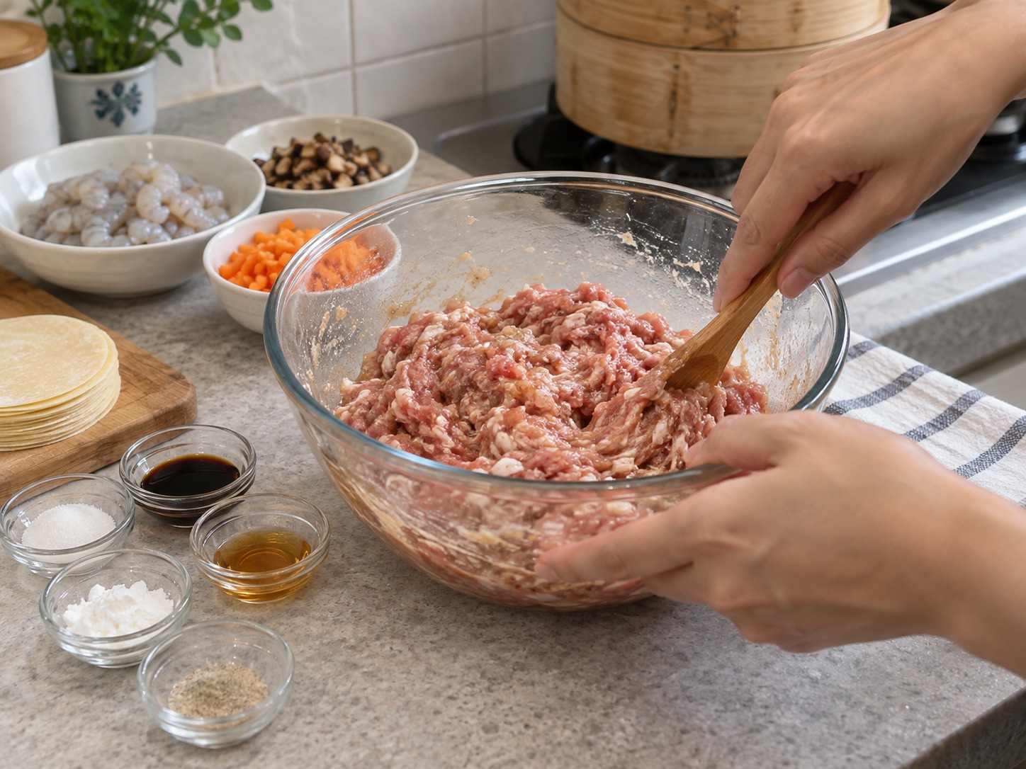 Cantonese Pork at Shrimp Siu Mai — Haluin ang baboy at timpla sa iisang direksiyon hanggang malagkit