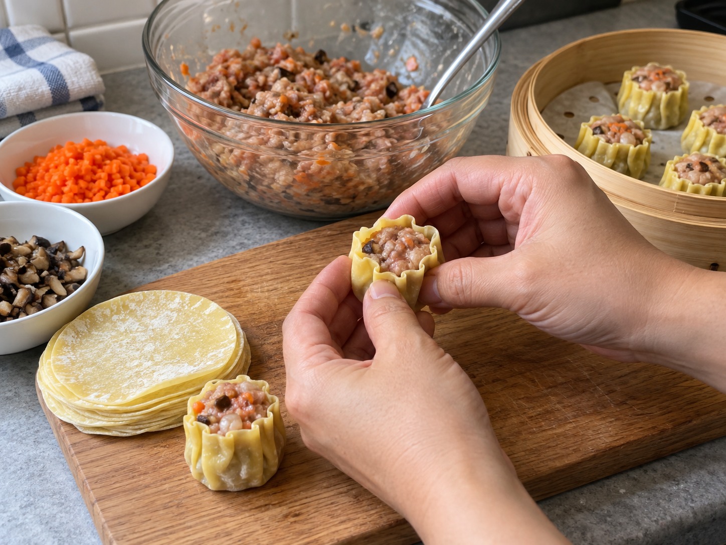 Cantonese Pork at Shrimp Siu Mai — Ipunin ang gilid bilang bukas na silindro at patagin ang ilalim