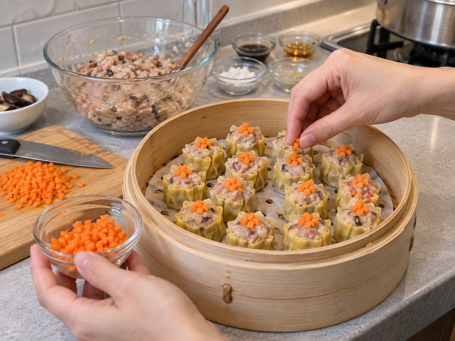 Cantonese Pork at Shrimp Siu Mai — Lagyan ng kaunting karot at gawing pantay ang laki ng bawat piraso