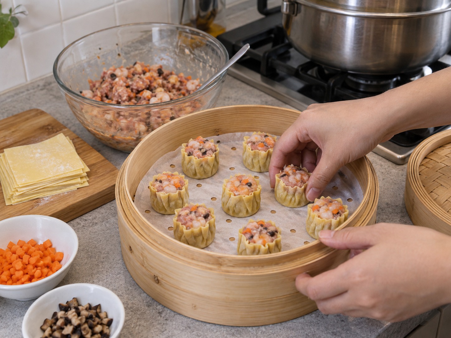 Cantonese Pork at Shrimp Siu Mai — Lagyan ng liner ang steamer at mag-iwan ng pagitan sa siu mai