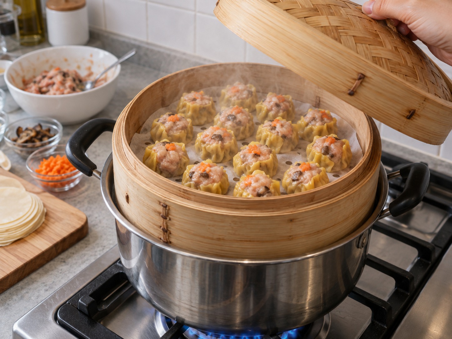 Cantonese Pork at Shrimp Siu Mai — I-steam sa malakas na kumukulong tubig nang 12 minuto