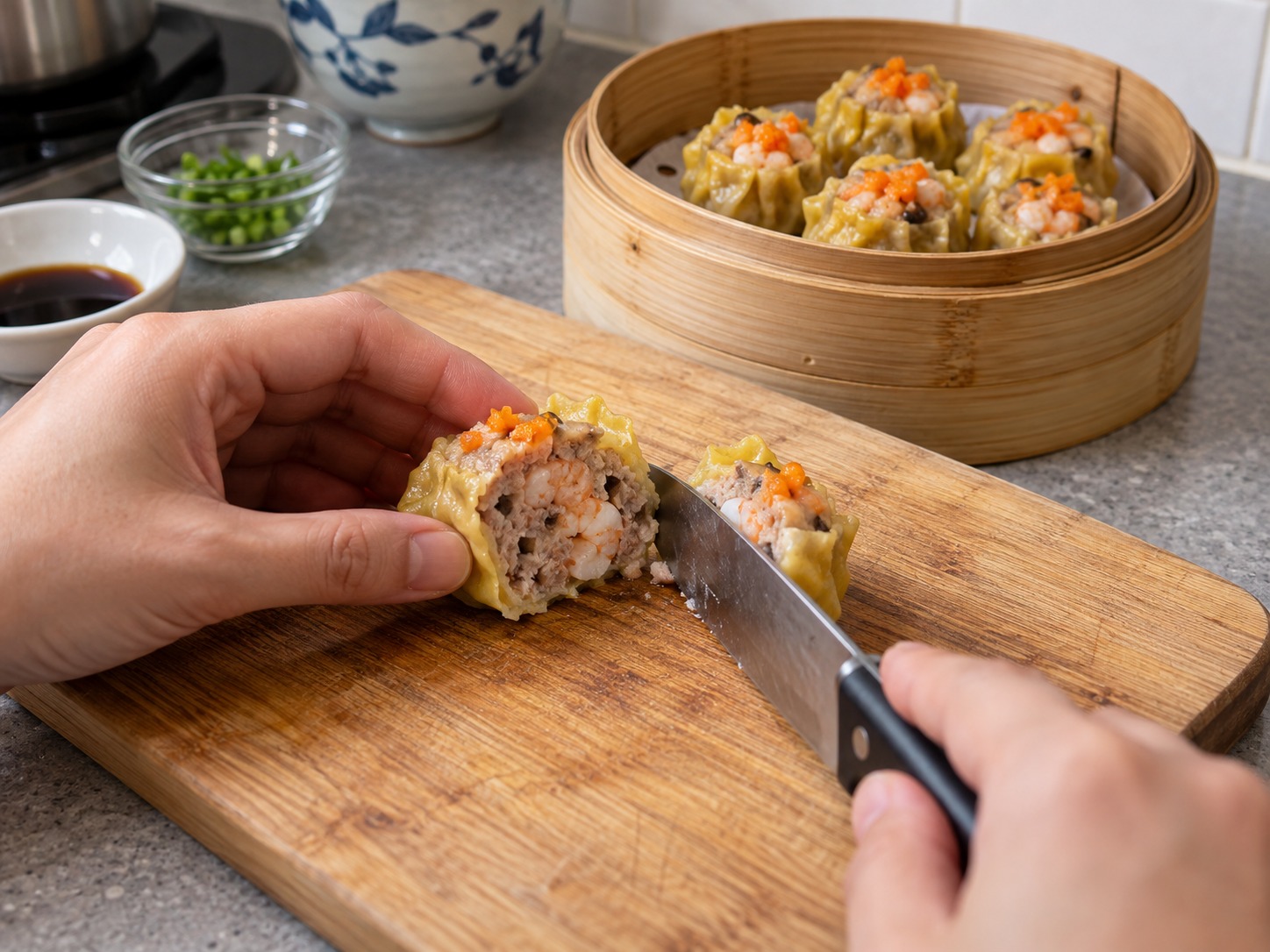 Cantonese Pork at Shrimp Siu Mai — Hiwain ang isa sa gitna at tiyaking luto ang baboy at hipon