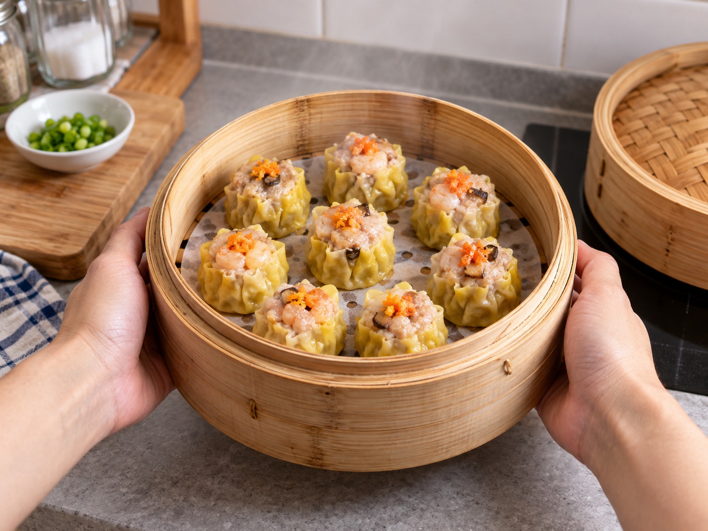 Cantonese Pork at Shrimp Siu Mai — Pahingahin nang isang minuto at ihain nang mainit