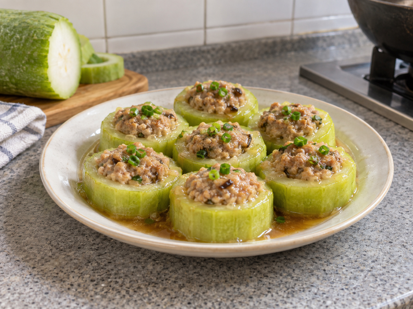 Cantonese Hairy Gourd Rings na Pinalamanan ng Baboy — natapos na ulam