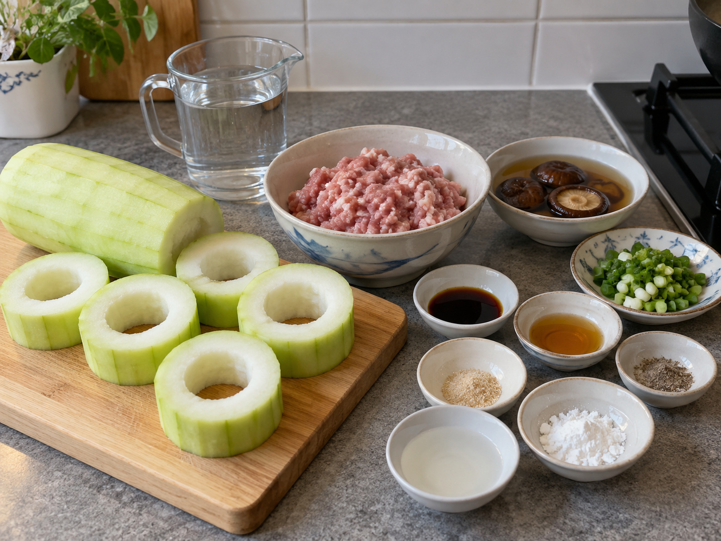 Cantonese Hairy Gourd Rings na Pinalamanan ng Baboy — mga sangkap