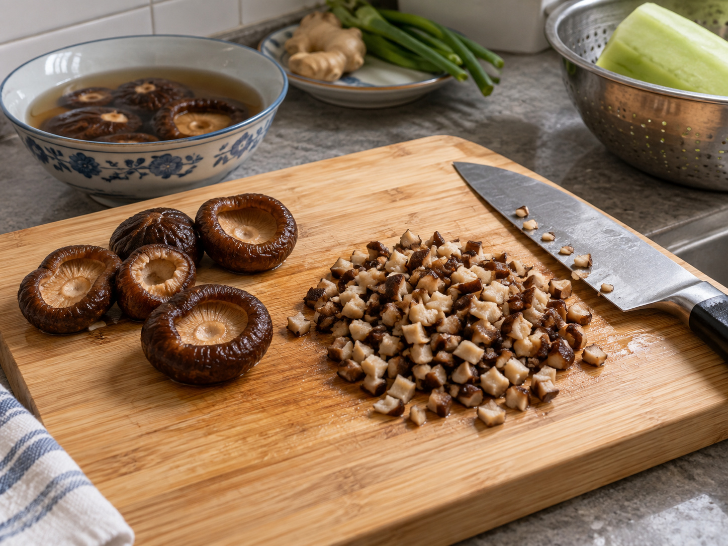 Cantonese Hairy Gourd Rings na Pinalamanan ng Baboy — Ibabad ang mushroom