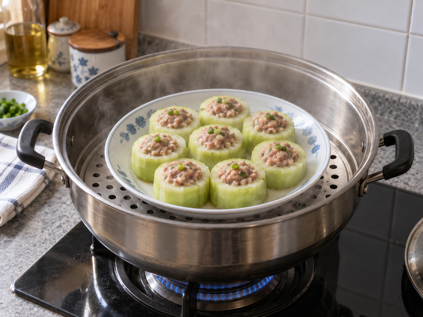 Cantonese Hairy Gourd Rings na Pinalamanan ng Baboy — Ihanda ang steamer