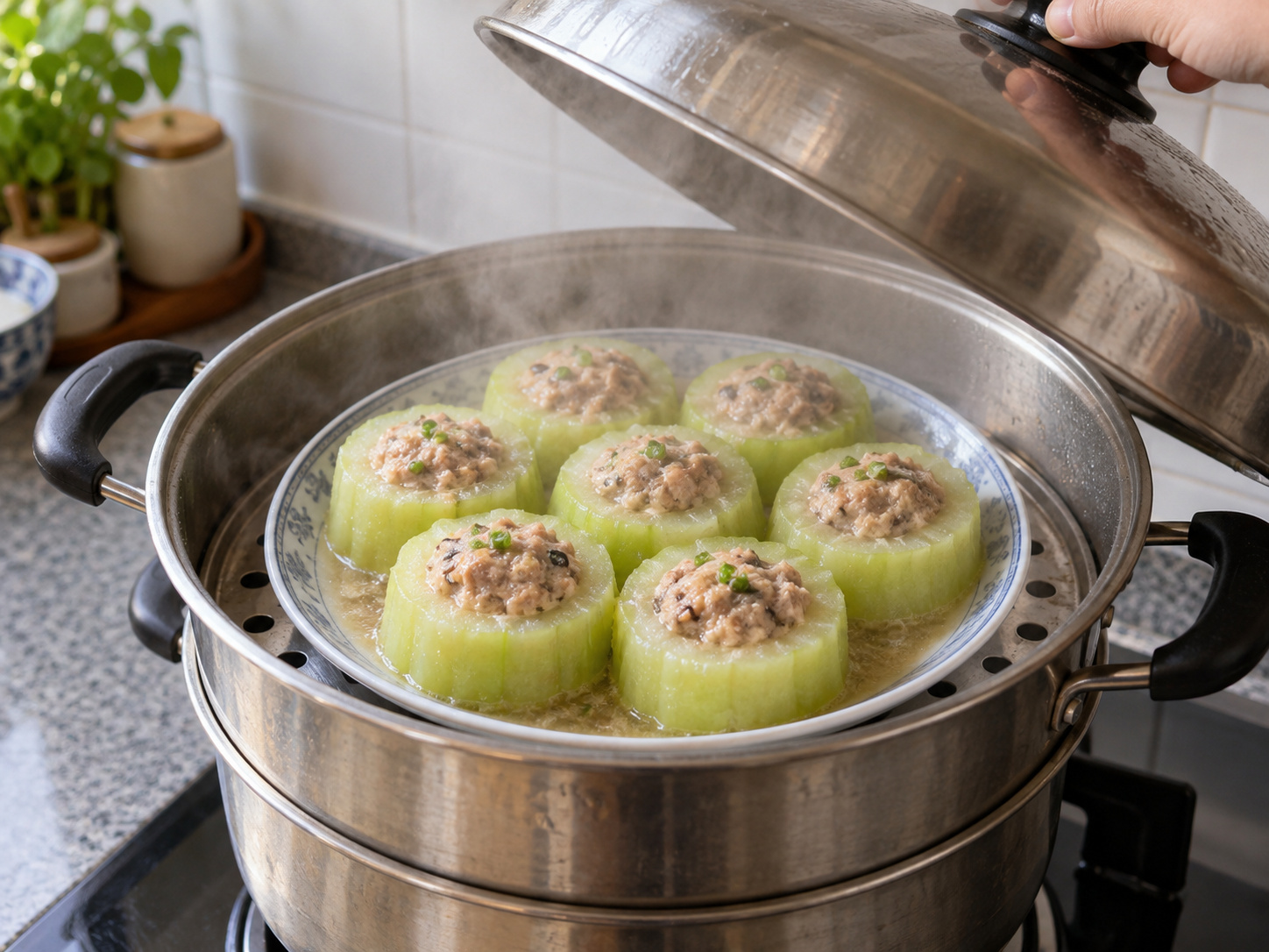 Cantonese Hairy Gourd Rings na Pinalamanan ng Baboy — I-steam hanggang luto