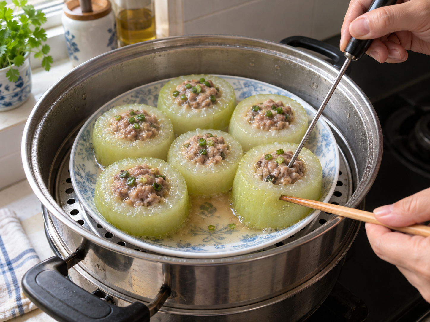 Cantonese Hairy Gourd Rings na Pinalamanan ng Baboy — Suriin ang pagkaluto