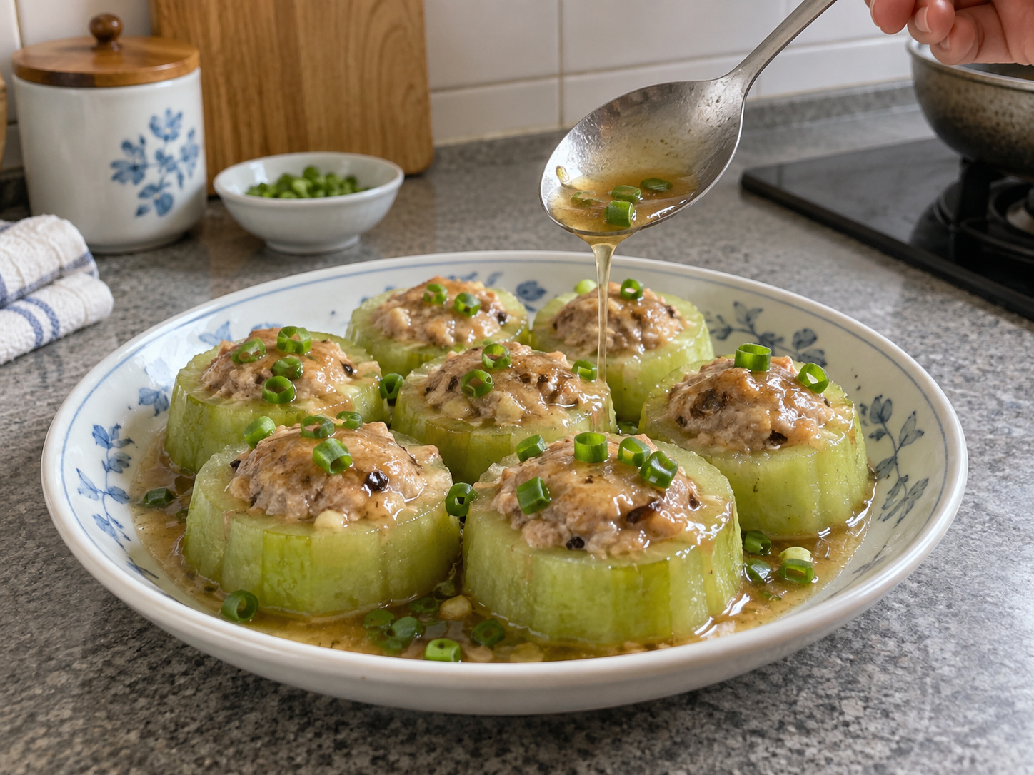 Cantonese Hairy Gourd Rings na Pinalamanan ng Baboy — Lagyan ng glaze