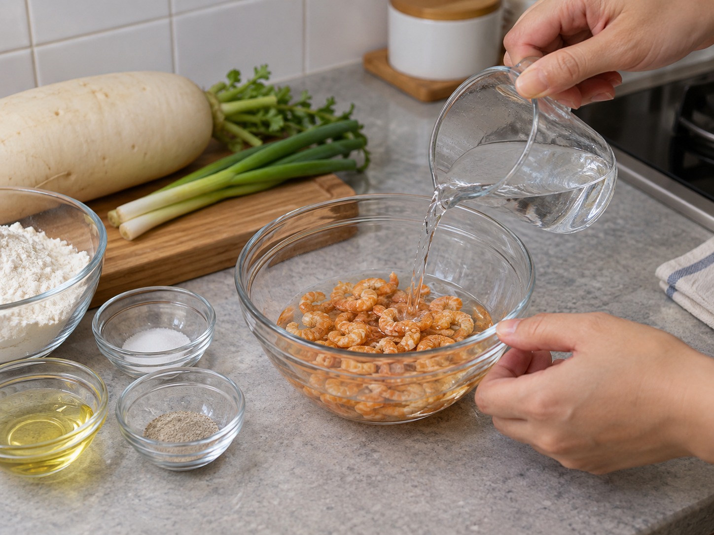 Radish and Dried Shrimp Pancakes — Rinse the dried shrimp and soak in 50 ml water for ten minutes