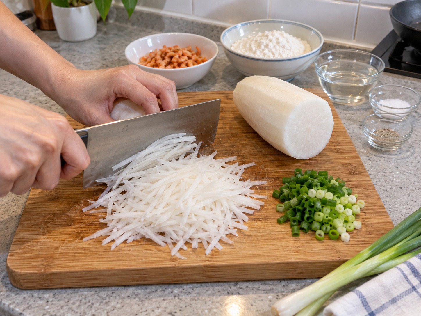Radish and Dried Shrimp Pancakes — Peel and finely shred the radish; slice the spring onions