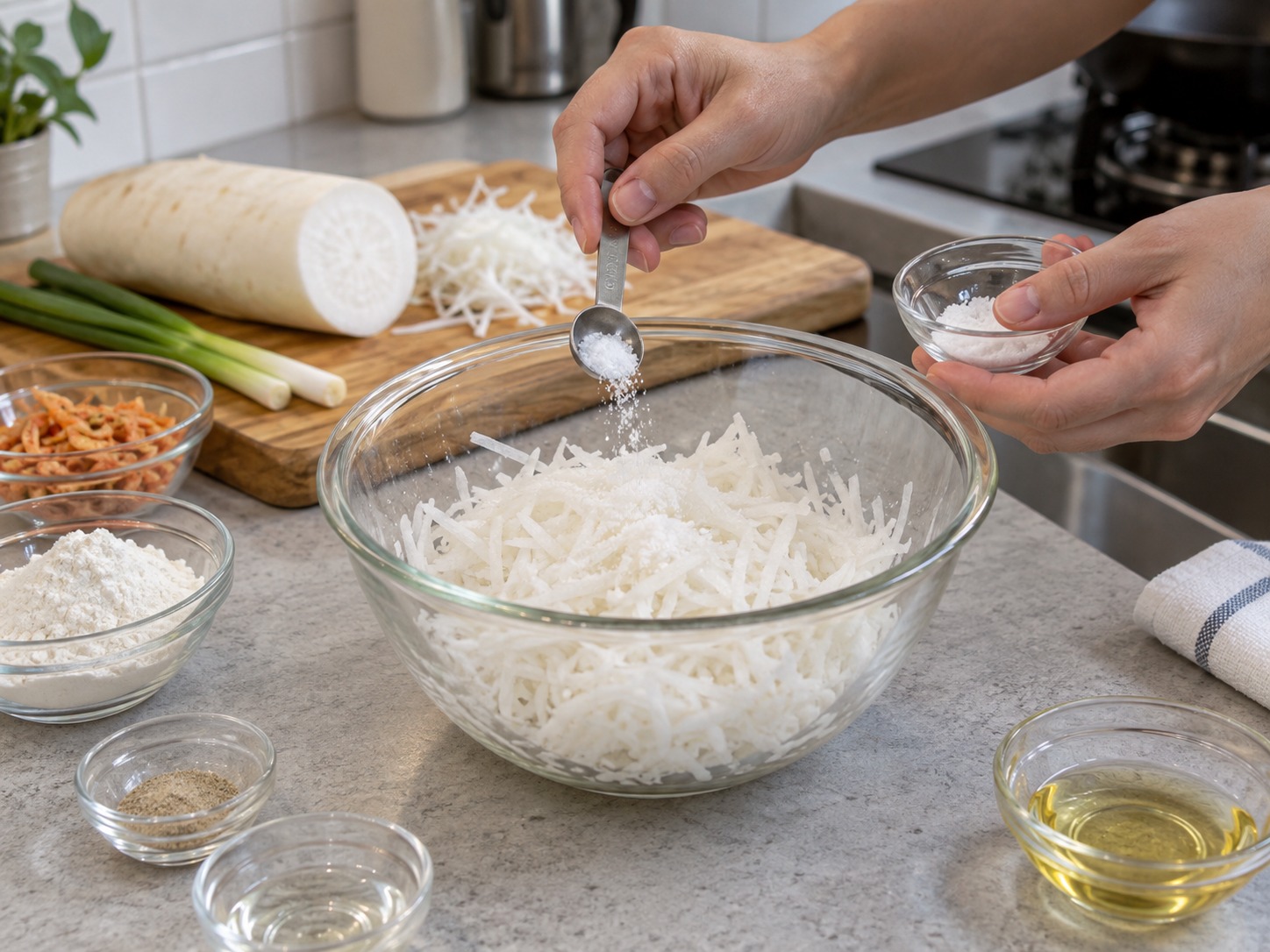 Radish and Dried Shrimp Pancakes — Mix the radish with salt and leave for ten minutes to release moisture