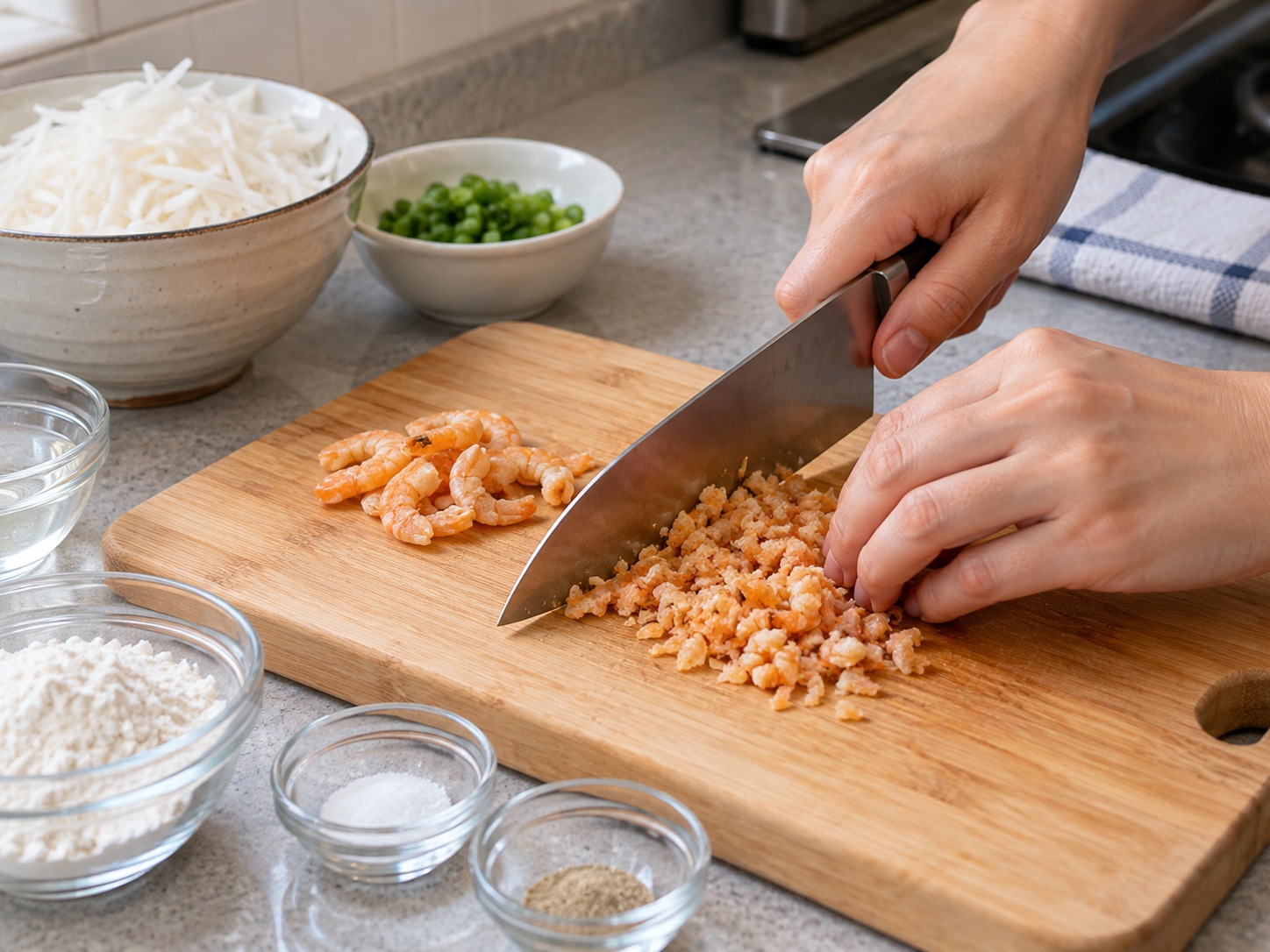 Radish and Dried Shrimp Pancakes — Drain and chop the dried shrimp; discard its soaking water