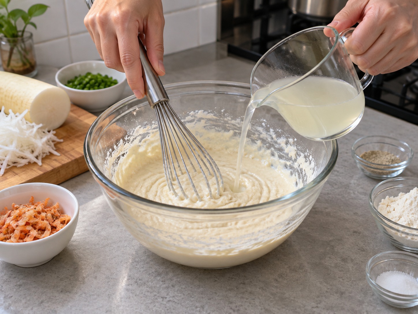 Radish and Dried Shrimp Pancakes — Whisk flour, white pepper and 100 ml radish liquid into a smooth batter