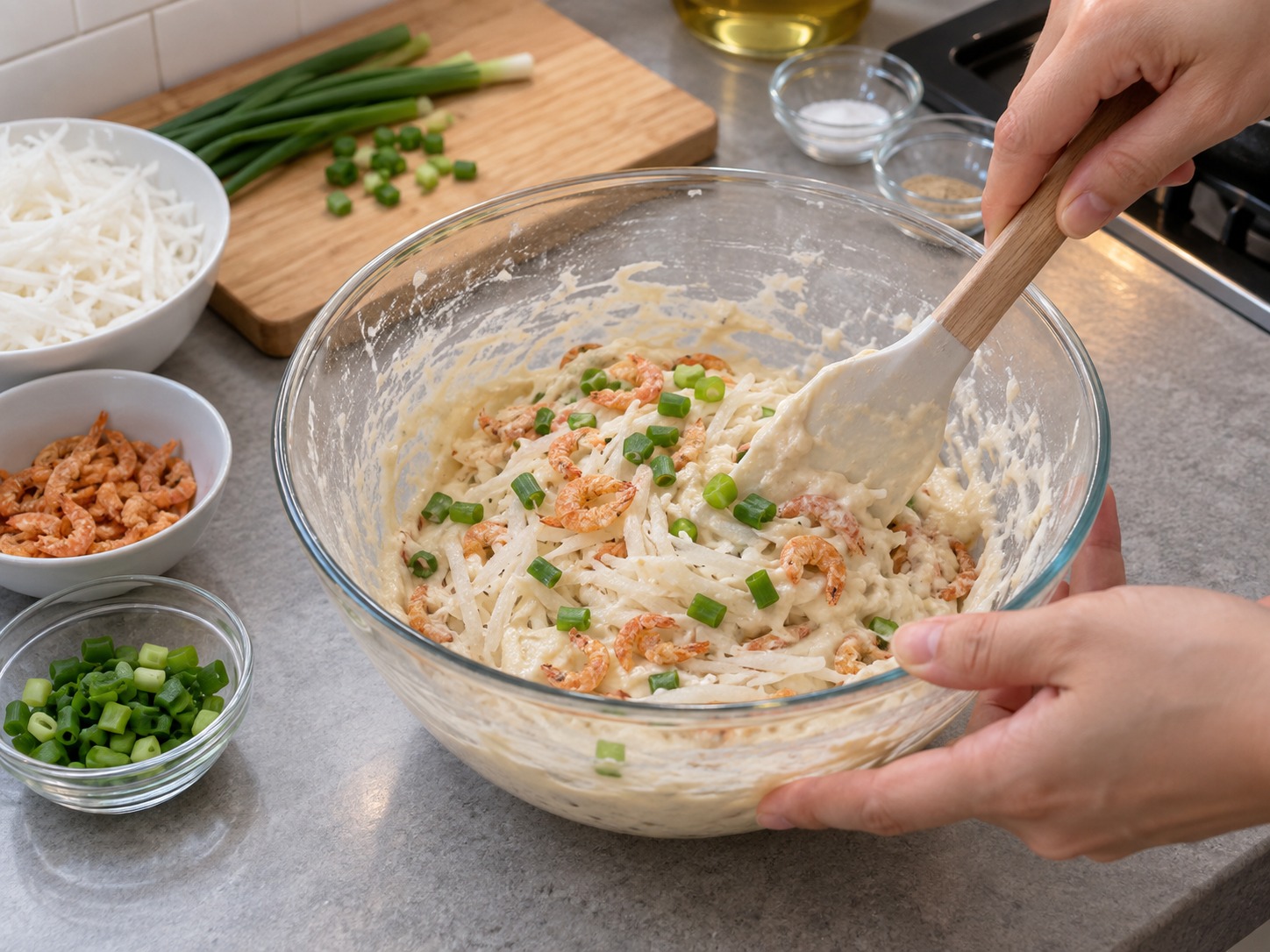 Radish and Dried Shrimp Pancakes — Fold the radish, dried shrimp and spring onion into the batter