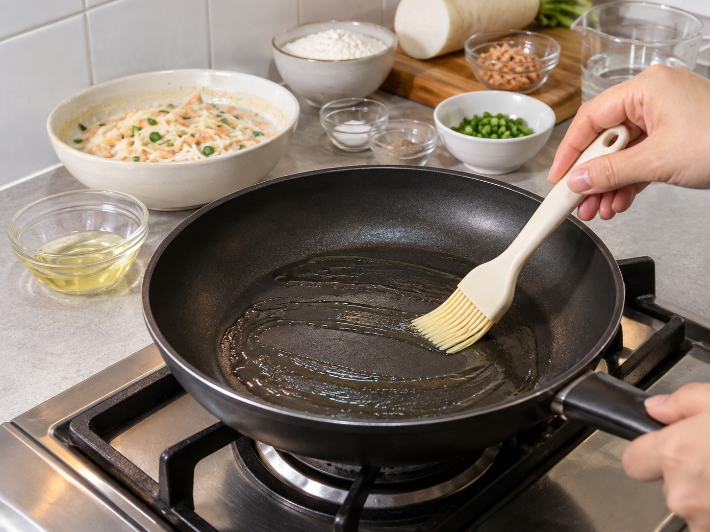 Radish and Dried Shrimp Pancakes — Heat the pan over medium heat and brush with half the oil