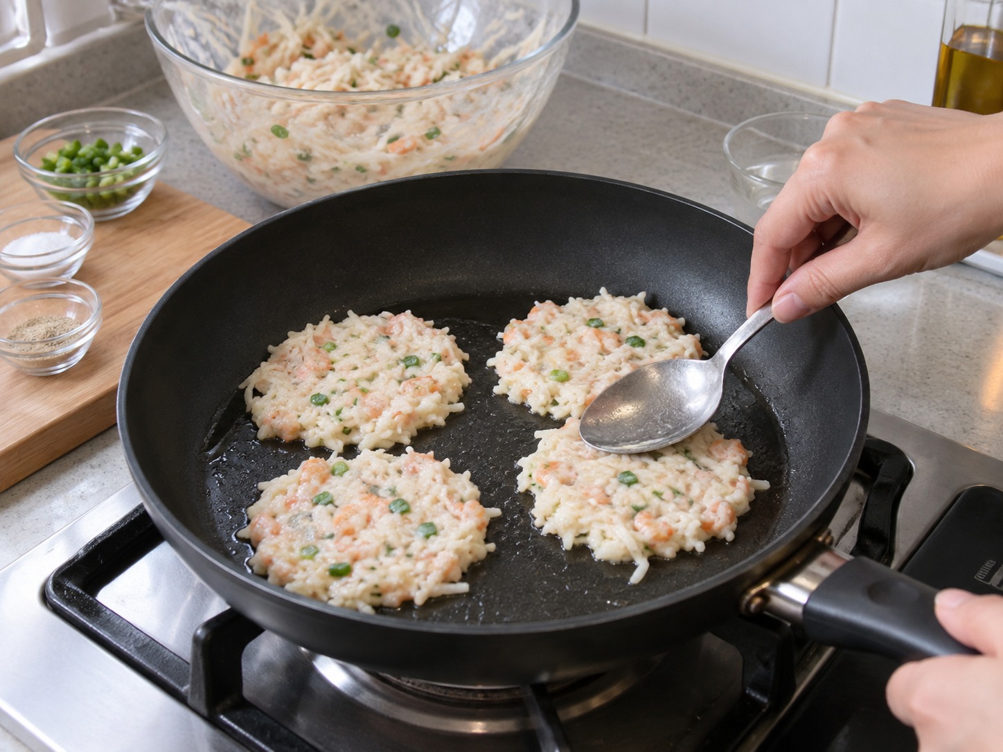 Radish and Dried Shrimp Pancakes — Spoon in four portions and flatten into thin rounds