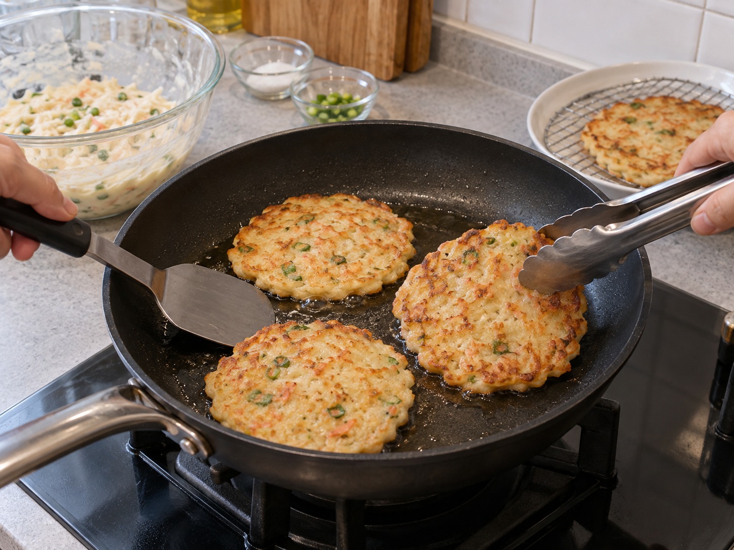 Radish and Dried Shrimp Pancakes — Fry each side for three to four minutes until golden, then remove