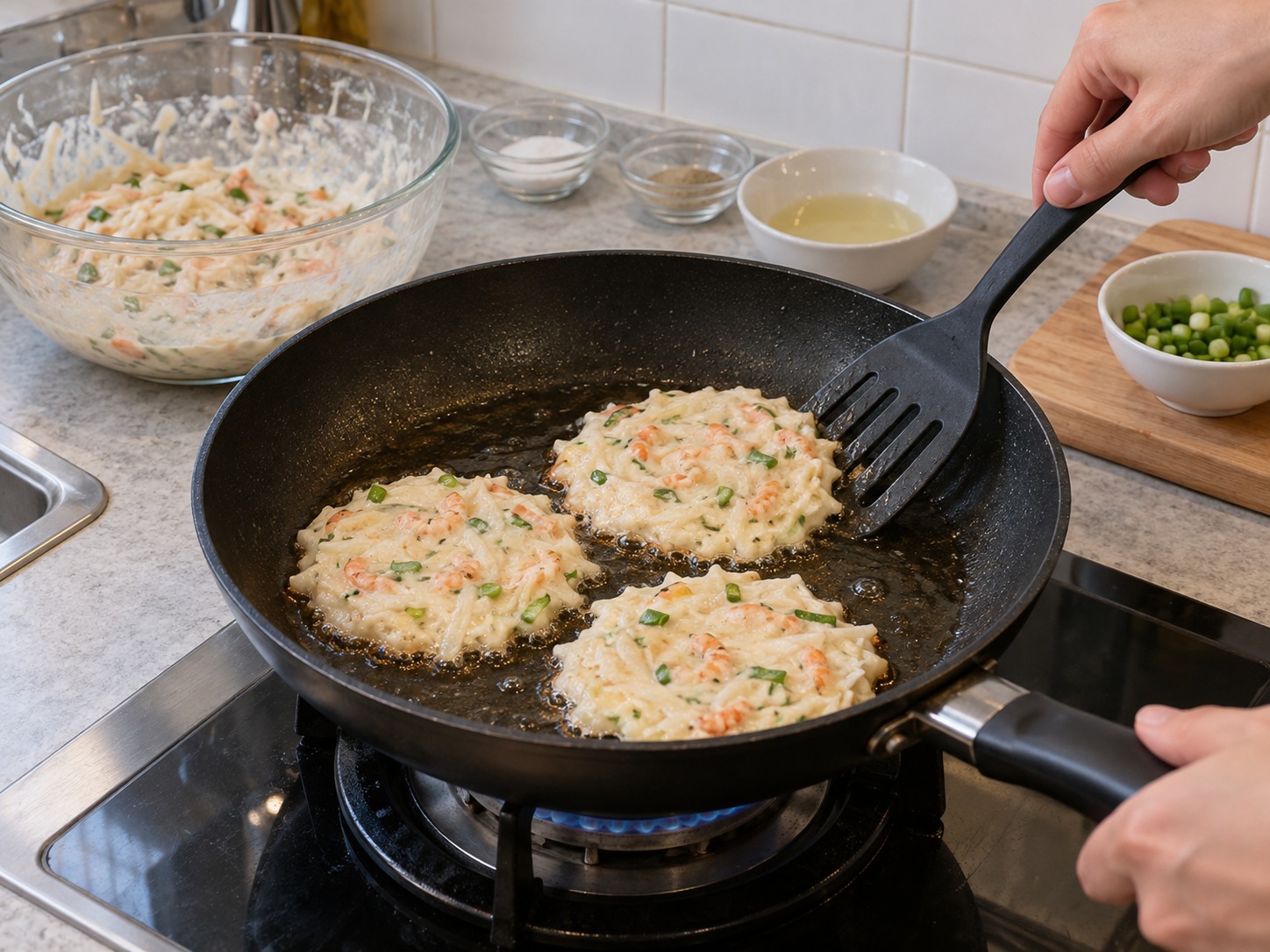 Radish and Dried Shrimp Pancakes — Add the remaining oil and fry the rest of the batter in the same way