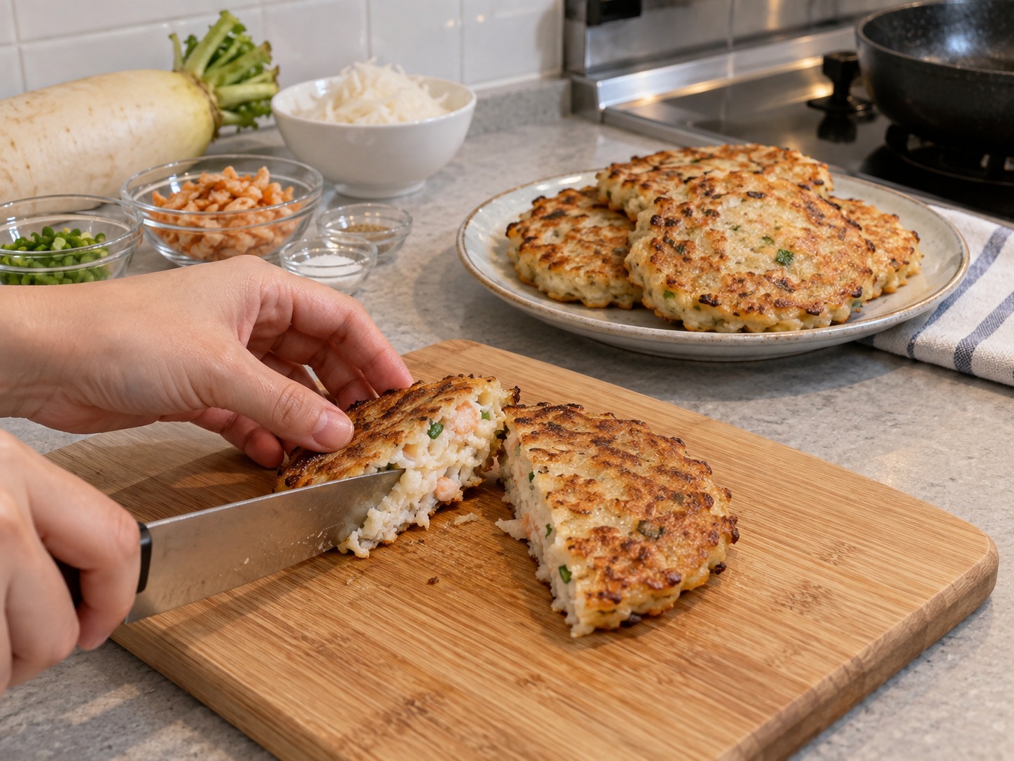 Radish and Dried Shrimp Pancakes — Cut one open to confirm there is no wet batter in the centre, then serve hot