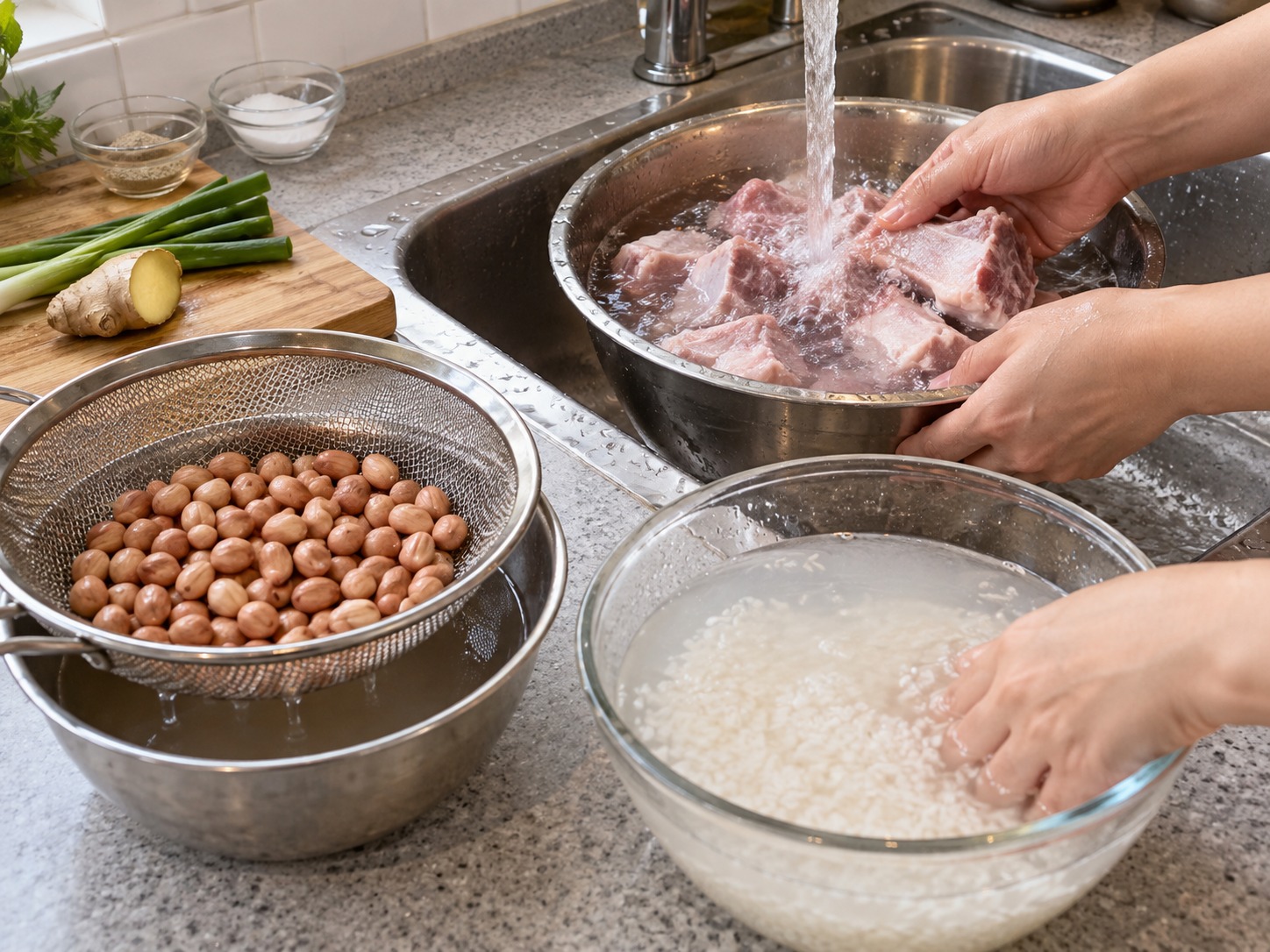 Lugaw na may Inasnang Buto-buto ng Baboy at Mani — Bago magluto, banlawan ang asin sa buto, alisin ang tubig ng mani at hugasan ang bigas