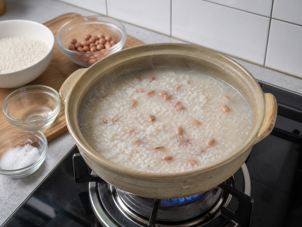 Cantonese Sampan Congee — step 7: Simmer until cooked