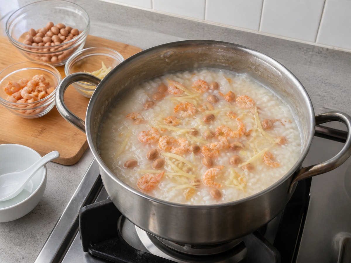 Cantonese Sampan Congee — step 9: Simmer until cooked