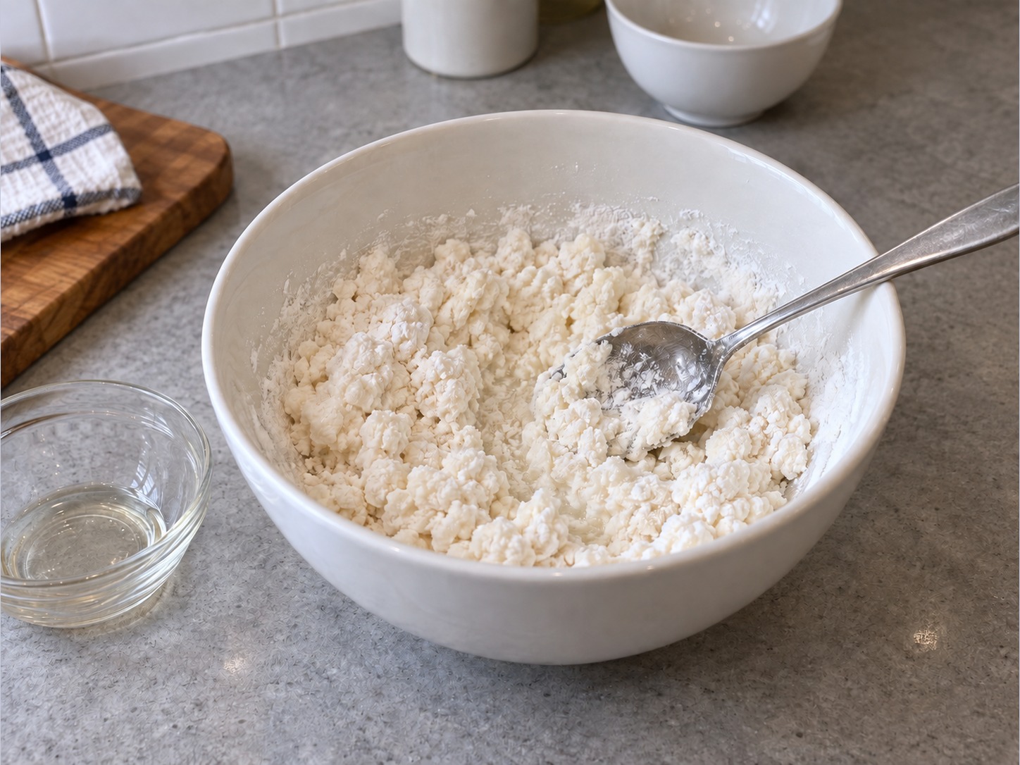 豆沙煎堆 — 糖水逐少加入糯米粉，用匙拌成碎團