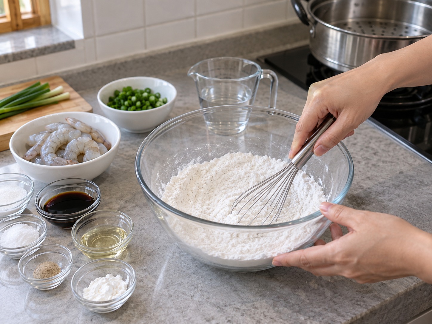 Cantonese Shrimp Rice Noodle Rolls — Mix rice flour and wheat starch in a large bowl