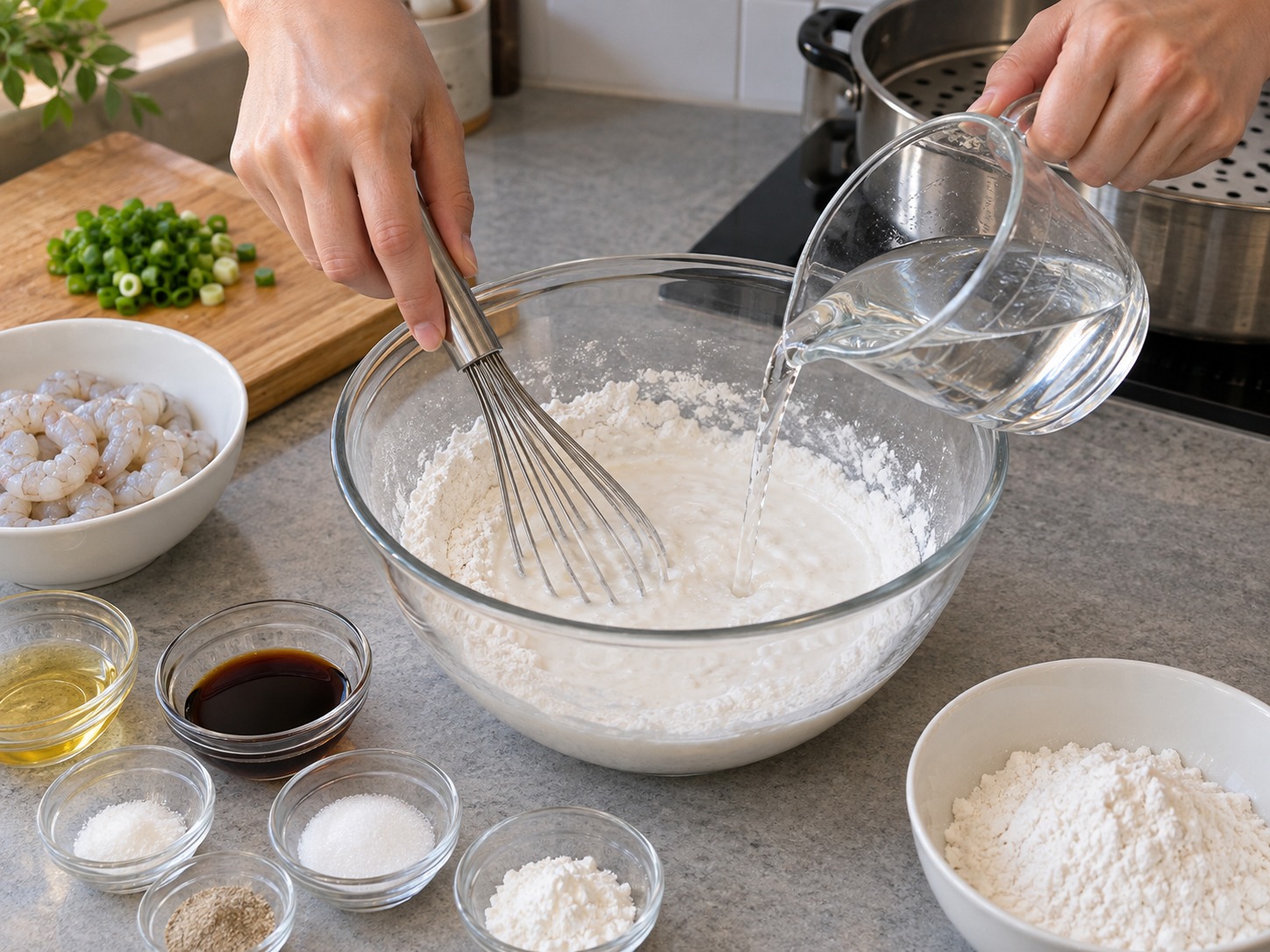 Cantonese Shrimp Rice Noodle Rolls — Gradually whisk in 500 ml water to make a smooth batter
