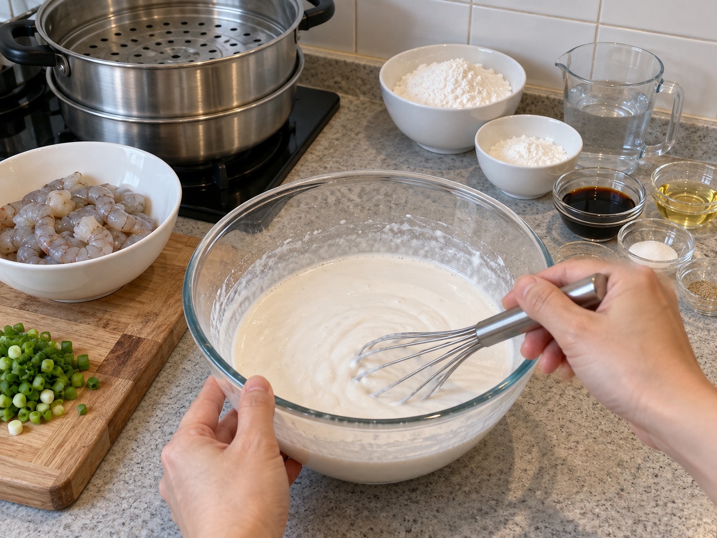 Cantonese Shrimp Rice Noodle Rolls — Rest the batter for twenty minutes, then stir again